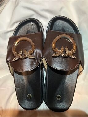 Women's Brown Slide Sandals with Gold Bird Ring Accent